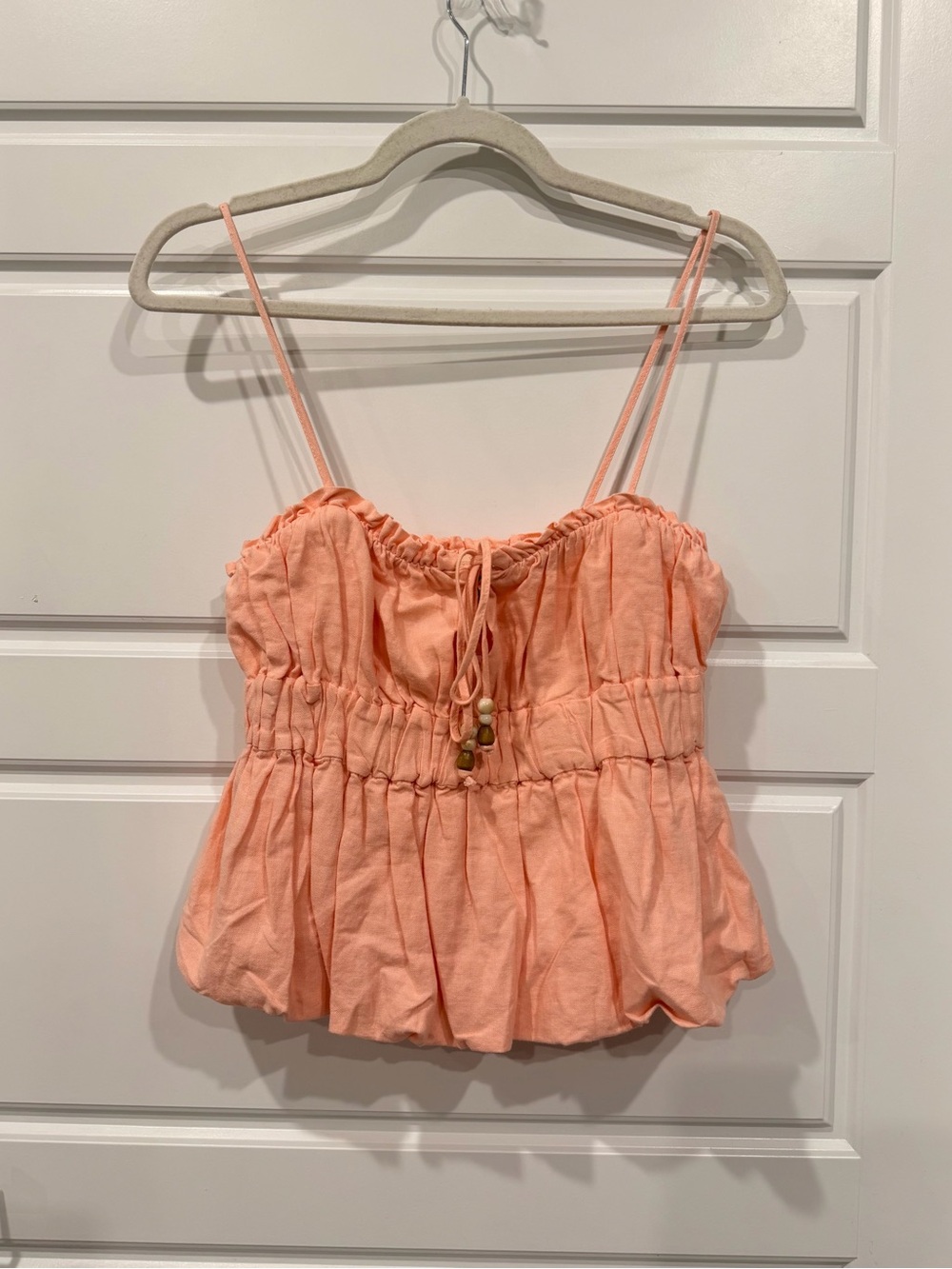 NWT Zara Linen Blend Bubble Hem Top Peach Beaded Drawstring Sz S Viral Coquette - Picture 2 of 8